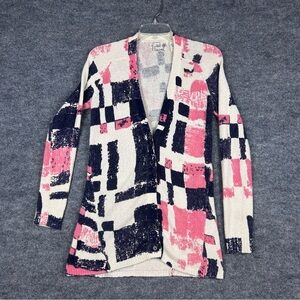 Anthropologie Field Flower Pink Navy Abstract Graphic Cardigan Small